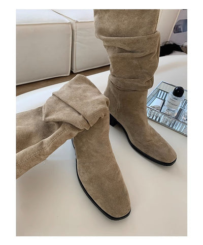 French Mid-calf Thin Western Denim Boots