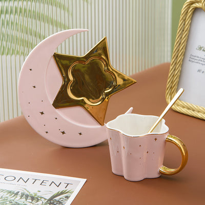 Creative Ceramic Cup With Star And Moon Saucer